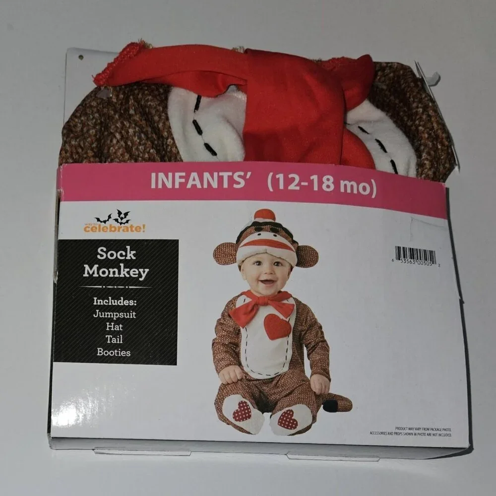 NEW Sock Monkey Halloween Costume Tail Hat Baby 12-18 Months NO BOOTIES READ